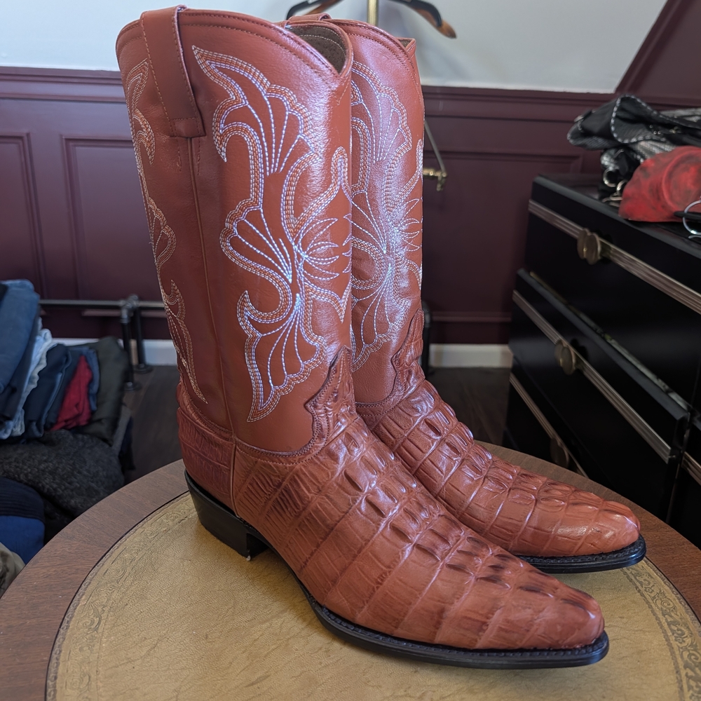 MEXICAN WESTERN Red Leather Crocodile Embroidered Handmade Cowboy Boots Sz 11